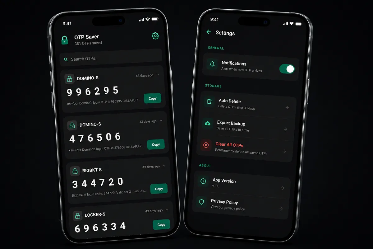 OTP Saver app screens